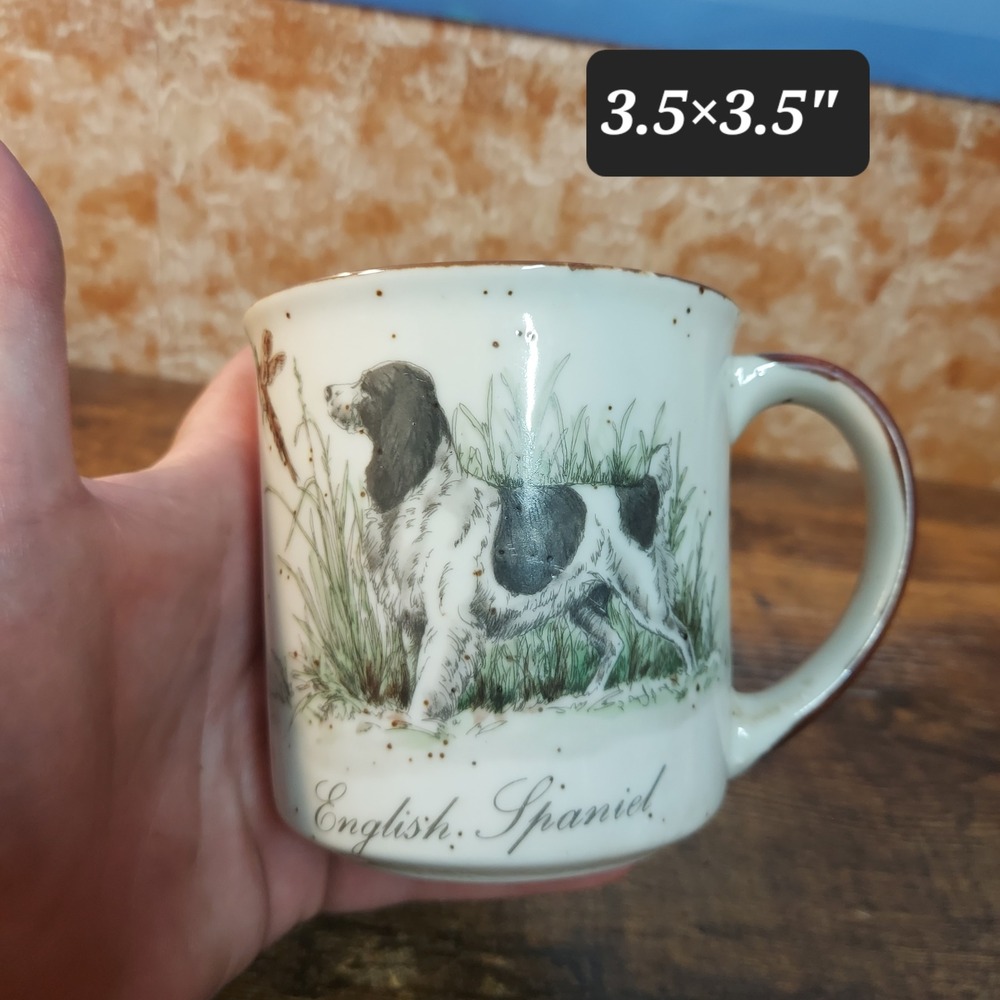English Spaniel Coffee Mug Speckled Ceramic Hunting Dog Bird Scene 3.5x3.5in